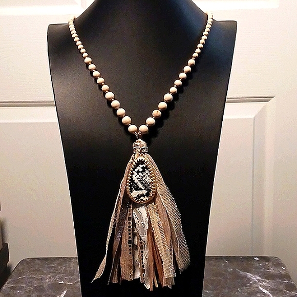 Matte Beaded Necklace With Tassel And Snake Pendant - Picture 1 of 4